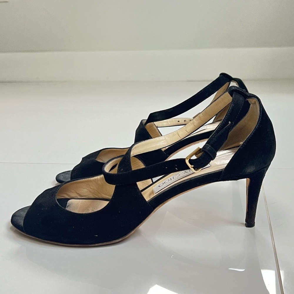 Jimmy Choo Black Criss Cross Shimmer Suede Open Toe Sandals